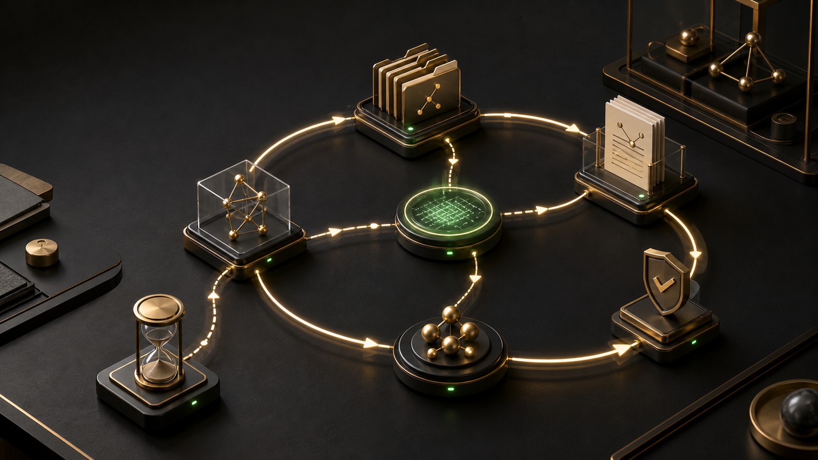 Dark editorial visualization of recursive agent loops, memory files, and verification gates.
